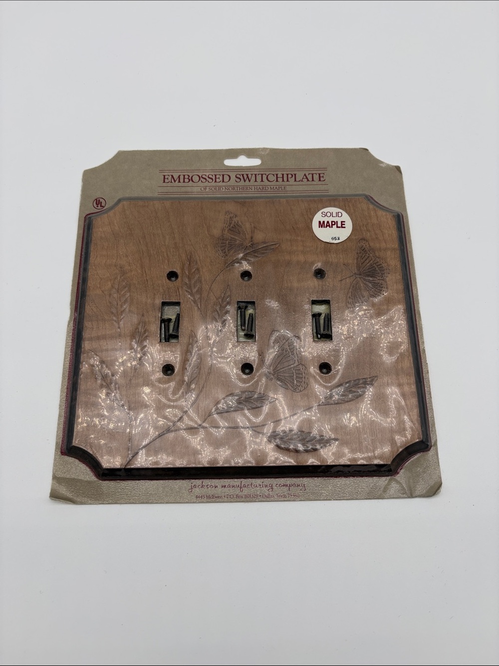 Vintage 80s New In Package Solid Maple Embossed Butterfly Triple Switch Plate
